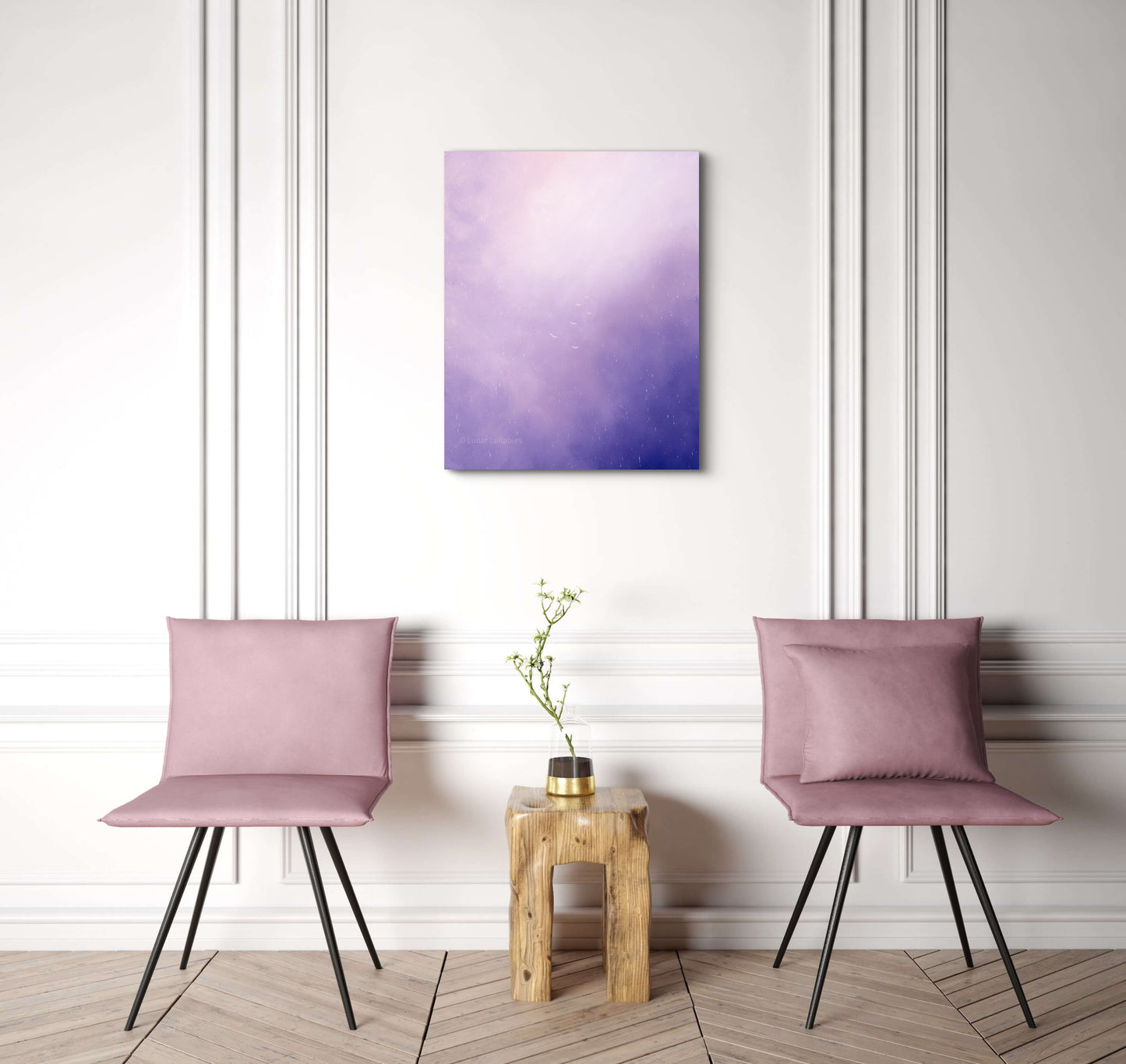 Mockup: Two pink chairs with a wooden side table and a purple painting on a white wall.