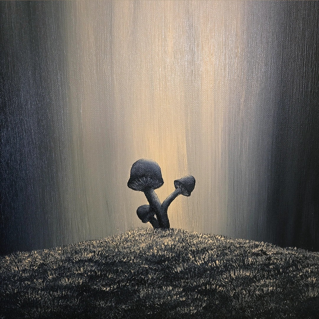 Closeup up of the Ground Break painting of the tiny mushrooms