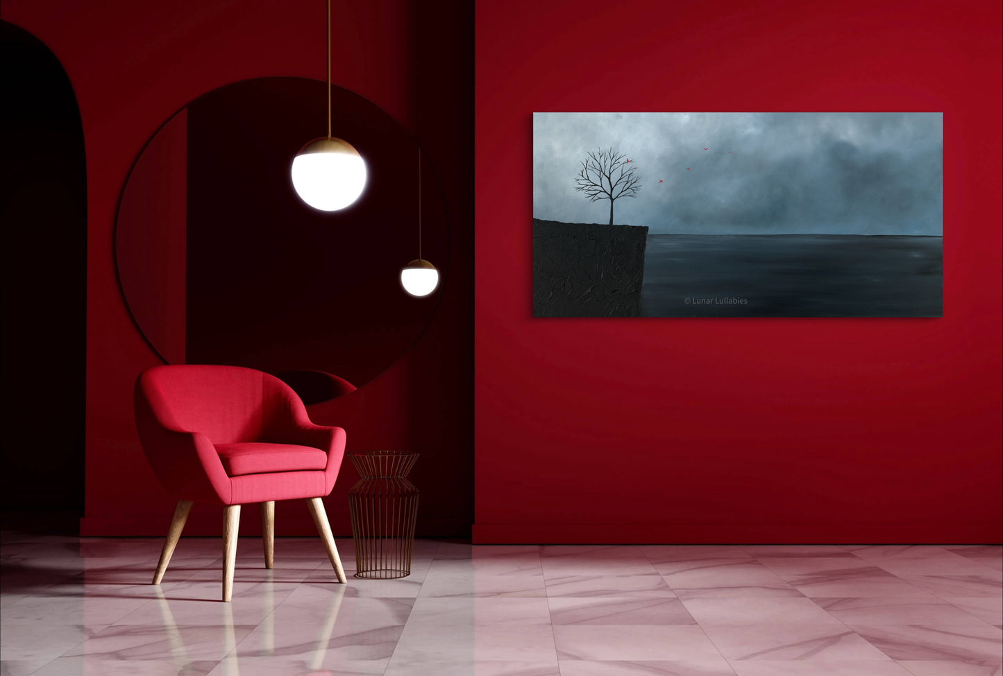 Modern interior with a red armchair, round mirror, and a painting on a red wall.