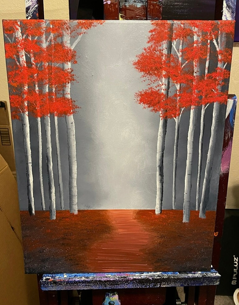 Painting of trees with red leaves on a gray background