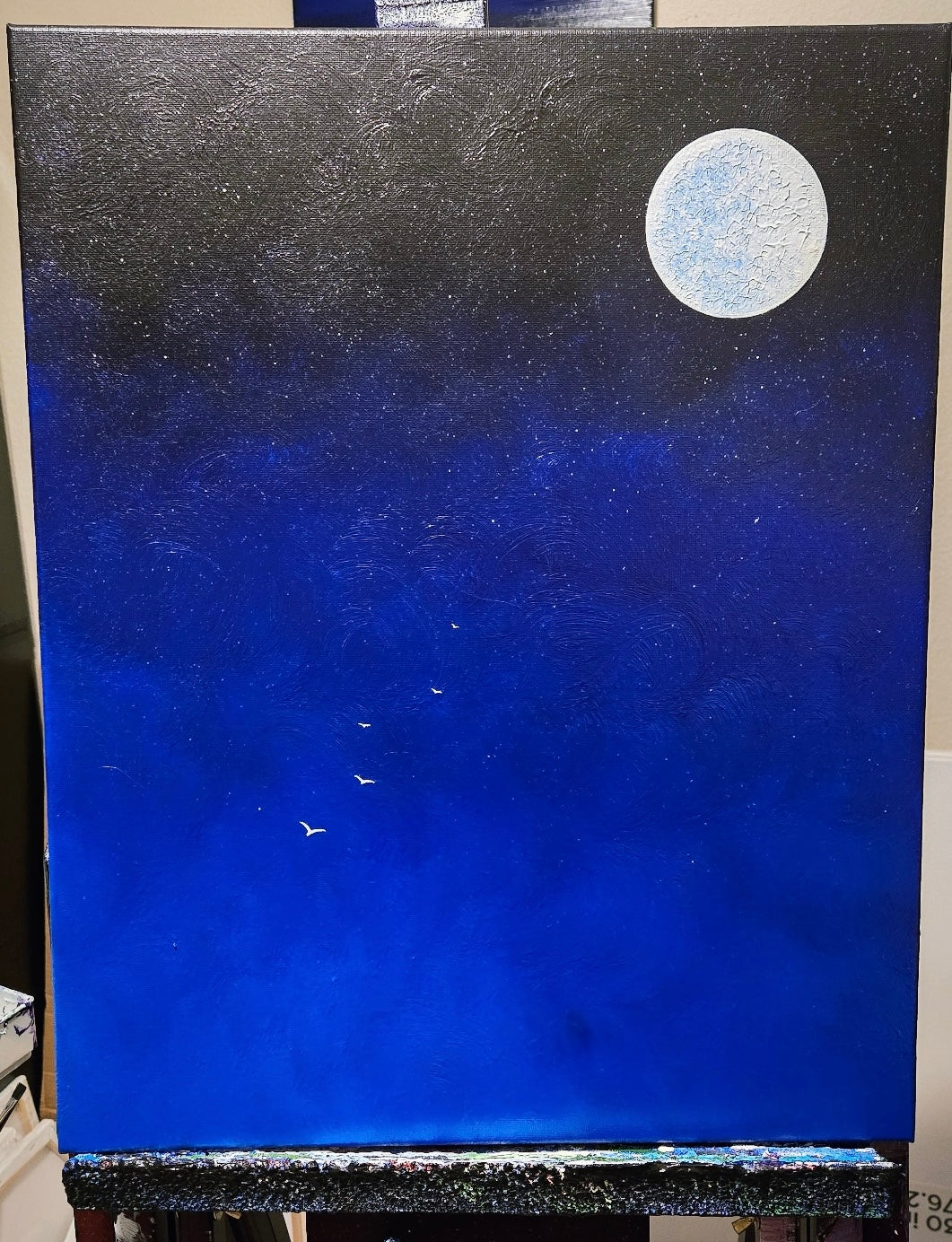 Painting of a night sky with a full moon and birds flying.
