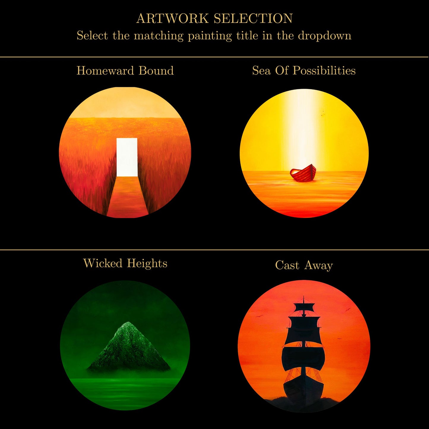 An artwork selection graphic on a black background with four circular paintings labeled 'Homeward Bound,' 'Sea Of Possibilities,' 'Wicked Heights,' and 'Cast Away.' The top text reads 'ARTWORK SELECTION' and says to select the matching painting title in the dropdown.