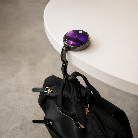 A black circular bag hook with a purple and black mountain design, hanging a black bag by a hook, positioned under a white table on a gray concrete floor.