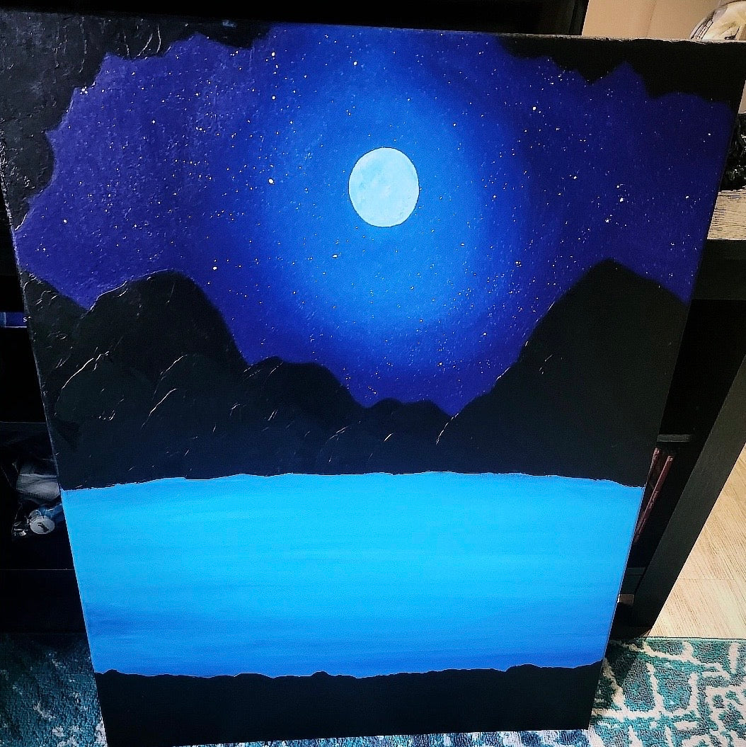 Beneath The Surface Original Painting: Painting of a night sky with a full moon over mountains and water.