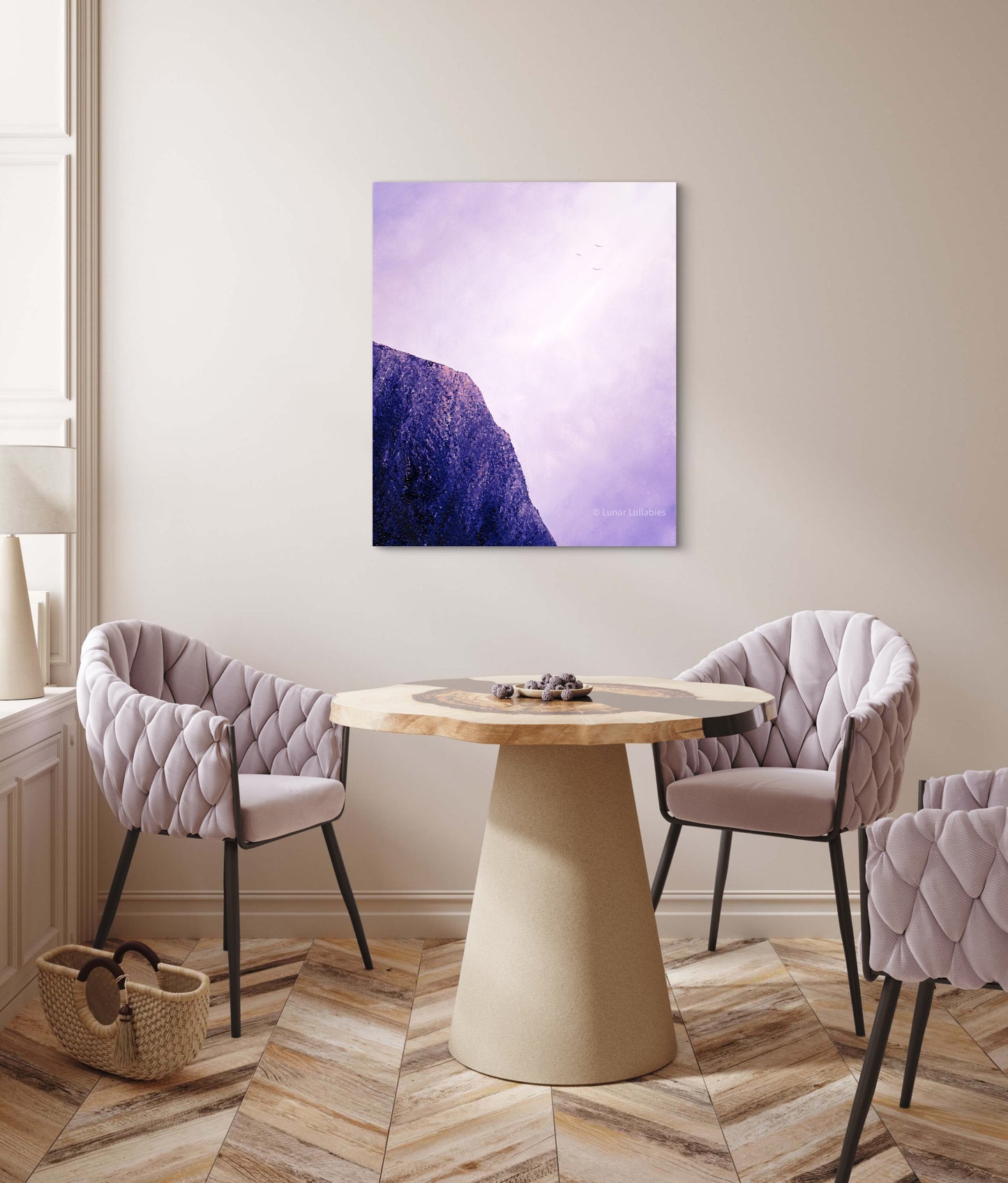 Mockup: Modern interior with round table and chairs, featuring a purple painting on the wall.