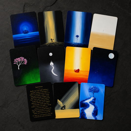A set of illustrated oracle cards arranged in a fan-like layout on a dark textured surface. The cards feature vibrant, surreal artwork with blue, yellow, green, pink, and orange tones, including a card with text instructions and others with minimalist scenes like a glowing tree, a white bird, and a winding path.