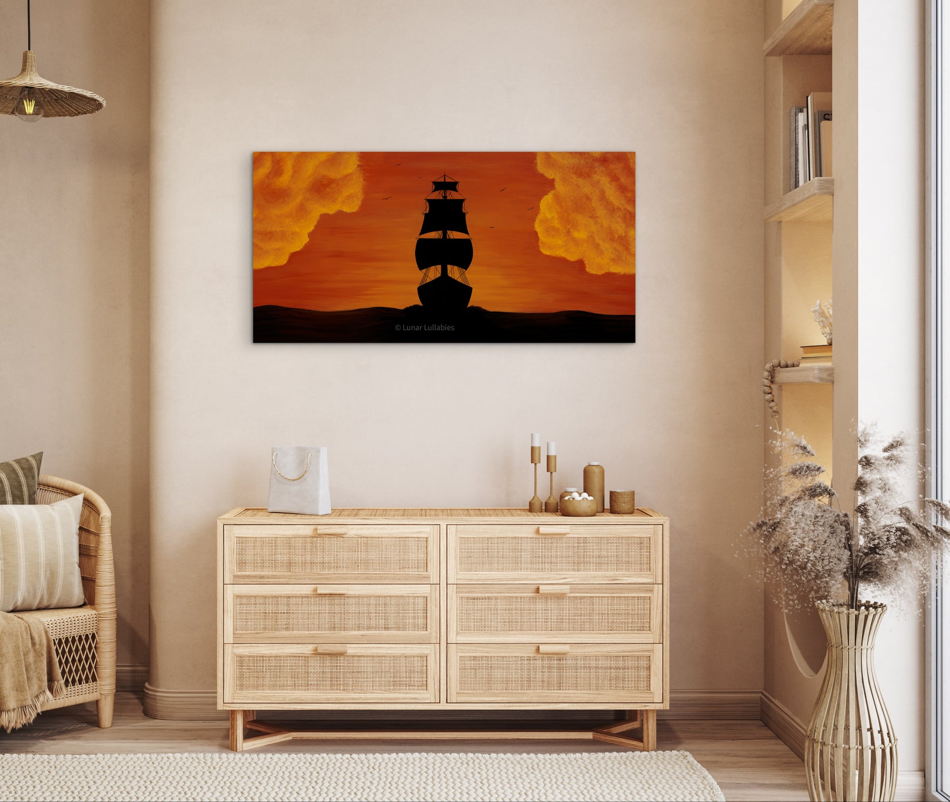 Mockup: Room interior with a wooden dresser, chair, and wall art of a ship at sunset.