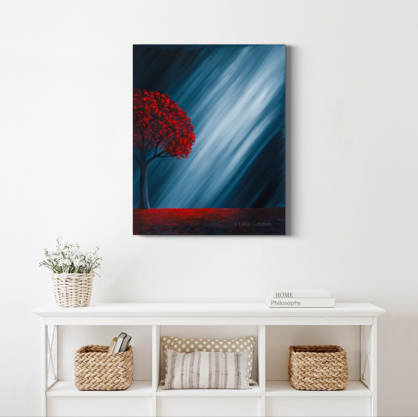 Mockup: Painting with red tree and blue sky on a white wall above a shelf.