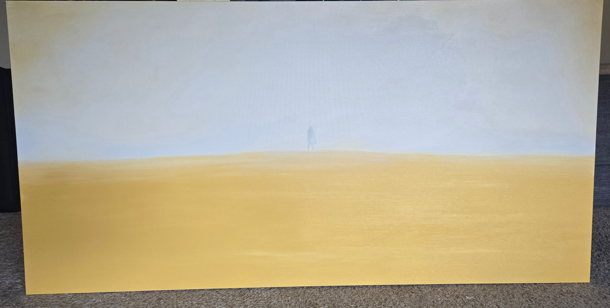 Desert Song Original Painting: Gradient background transitioning from white to gold yellow of someone standing in a sandstorm 