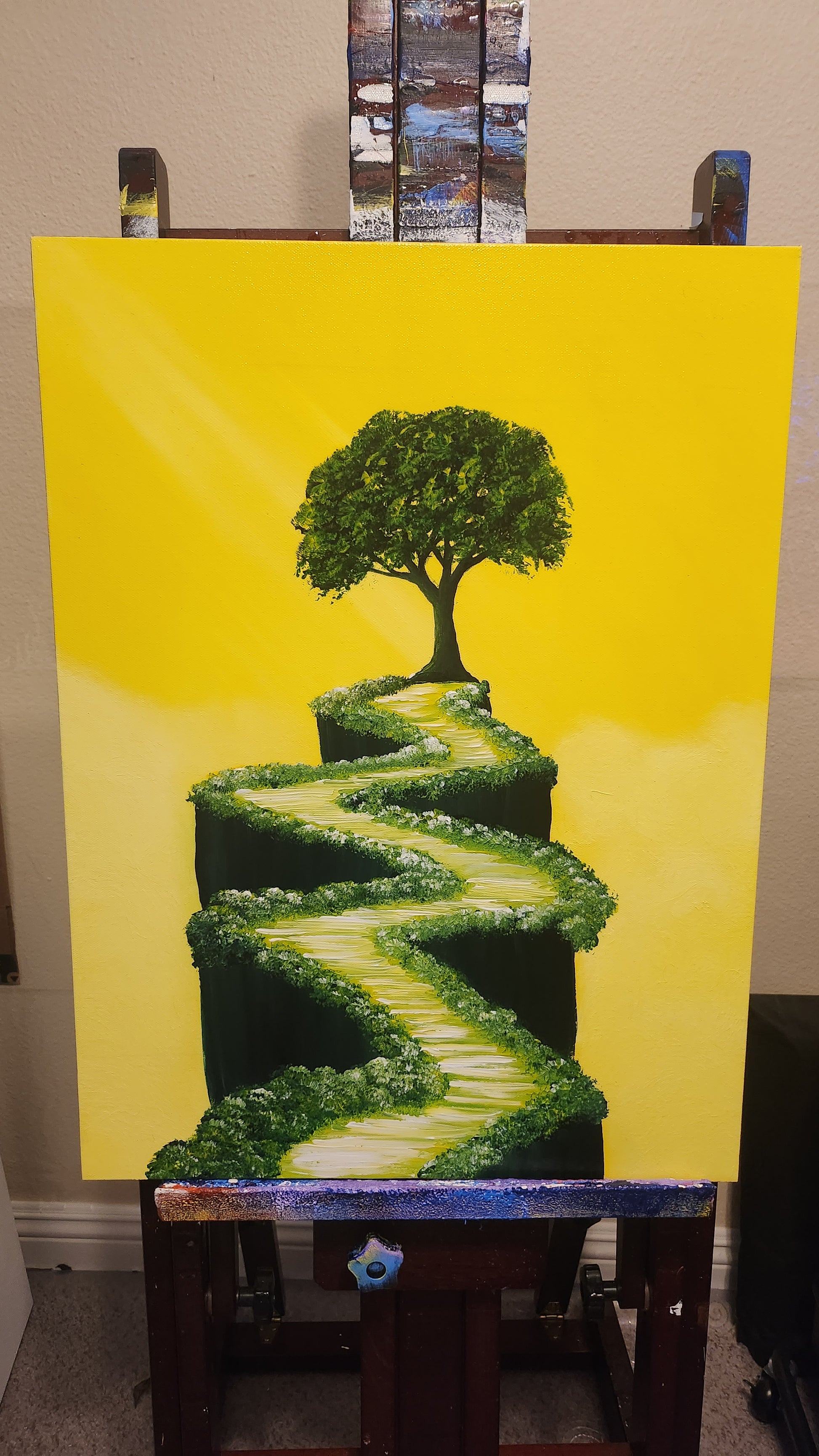 Dressed in Yellow Original Painting: Painting of a green tree and path against a yellow background.
