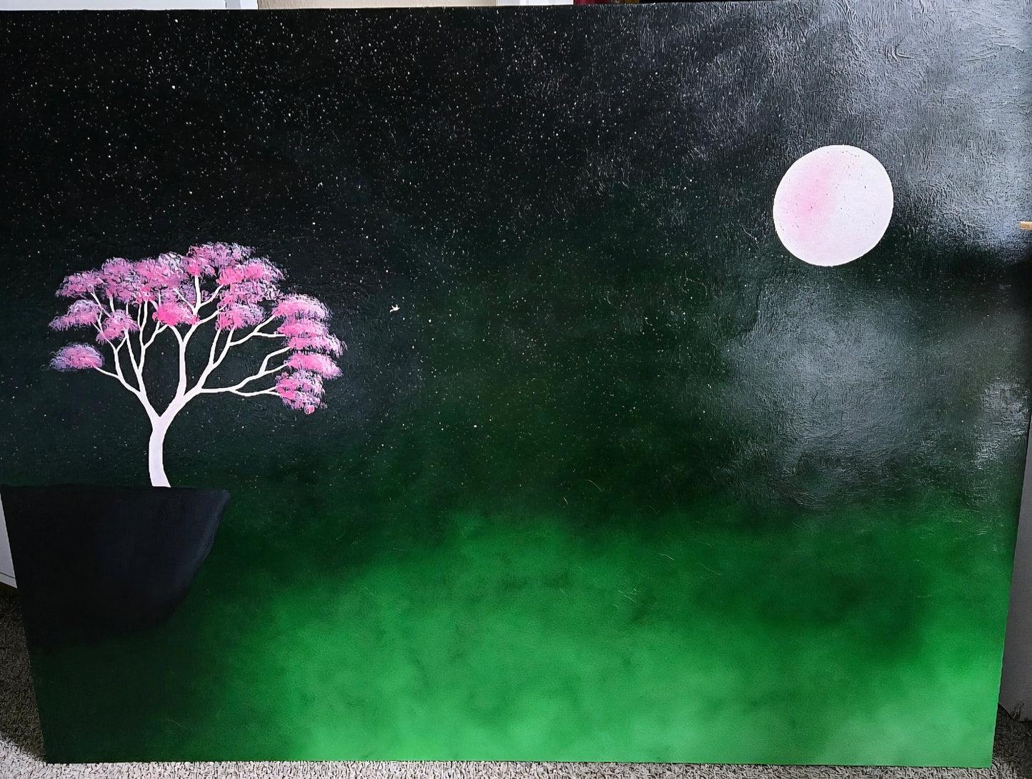Faith In The Unknown Original Painting: Painting of a pink tree and moon on a dark sky with rising green mist from below.