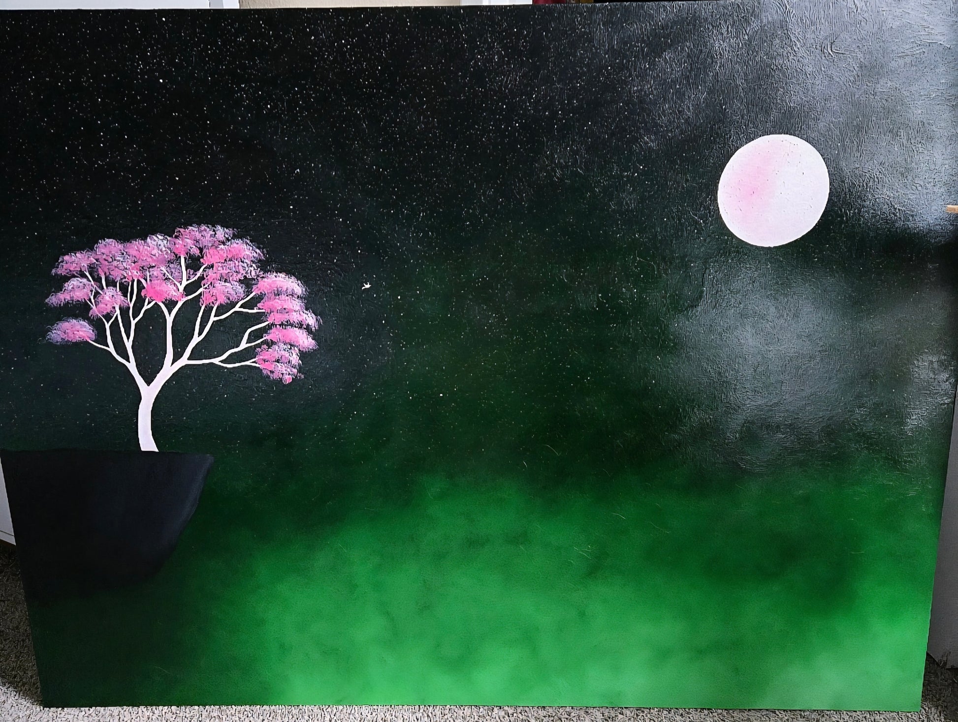 Faith In The Unknown Original Painting: Painting of a pink tree and moon on a dark sky with rising green mist from below.