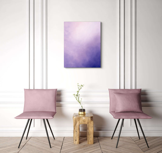 Mockup: Two pink chairs with a wooden side table and a purple painting on a white wall.