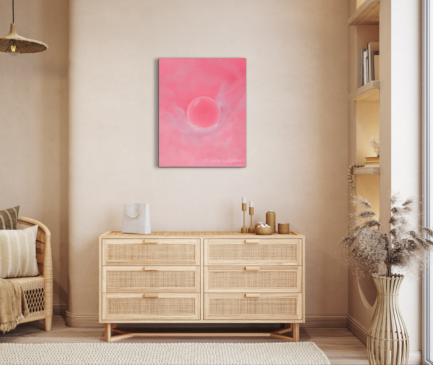 Mockup: Living room with wooden dresser, pink painting, and decorative items.