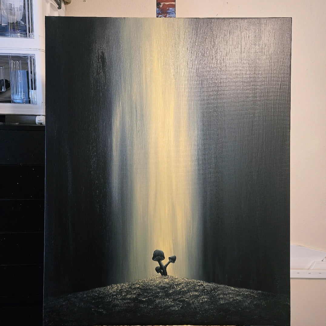 Ground Break Original Painting: A painting on an easel of a dark background with a ray of yellow bright light shining on tiny mushrooms at the bottom of the forest floor 