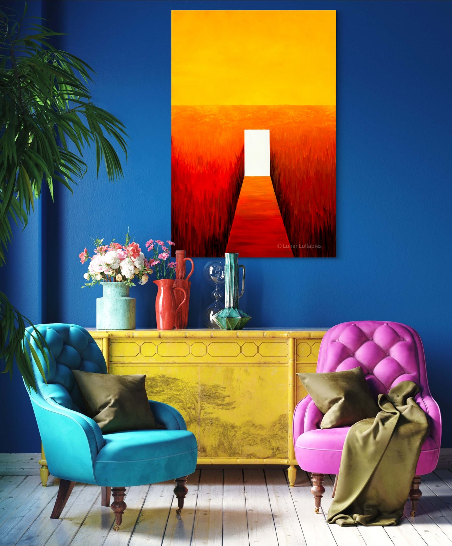 Mockup: Colorful living room with a blue armchair, pink sofa, yellow cabinet, and a painting.
