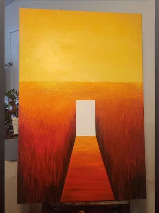 Homeward Bound Original Painting: A painting with a central white door on an orange and red background