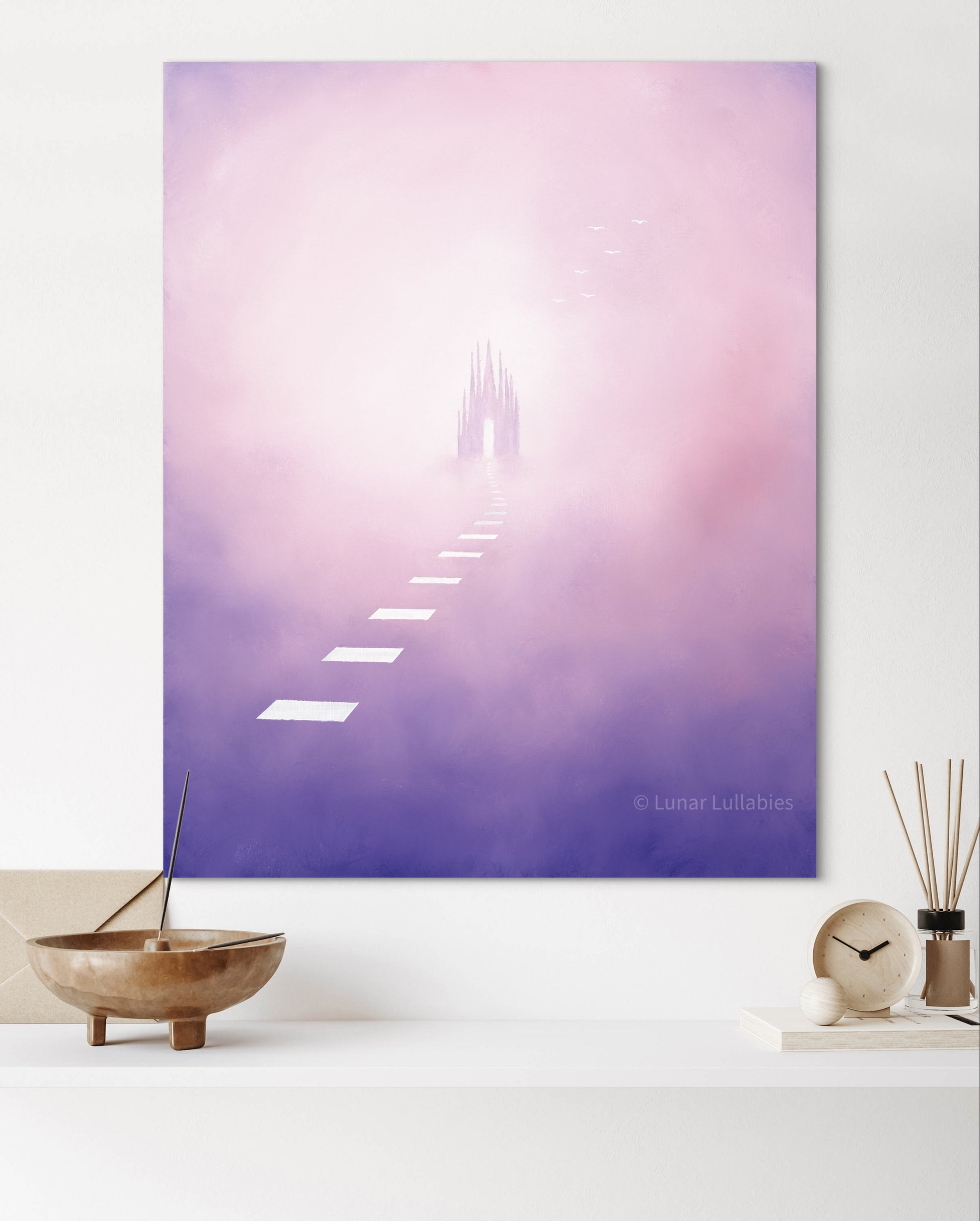 Mockup: A painting of a White Castle against a pink and purple clouds