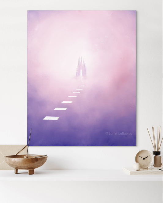 Mockup: A painting of a White Castle against a pink and purple clouds