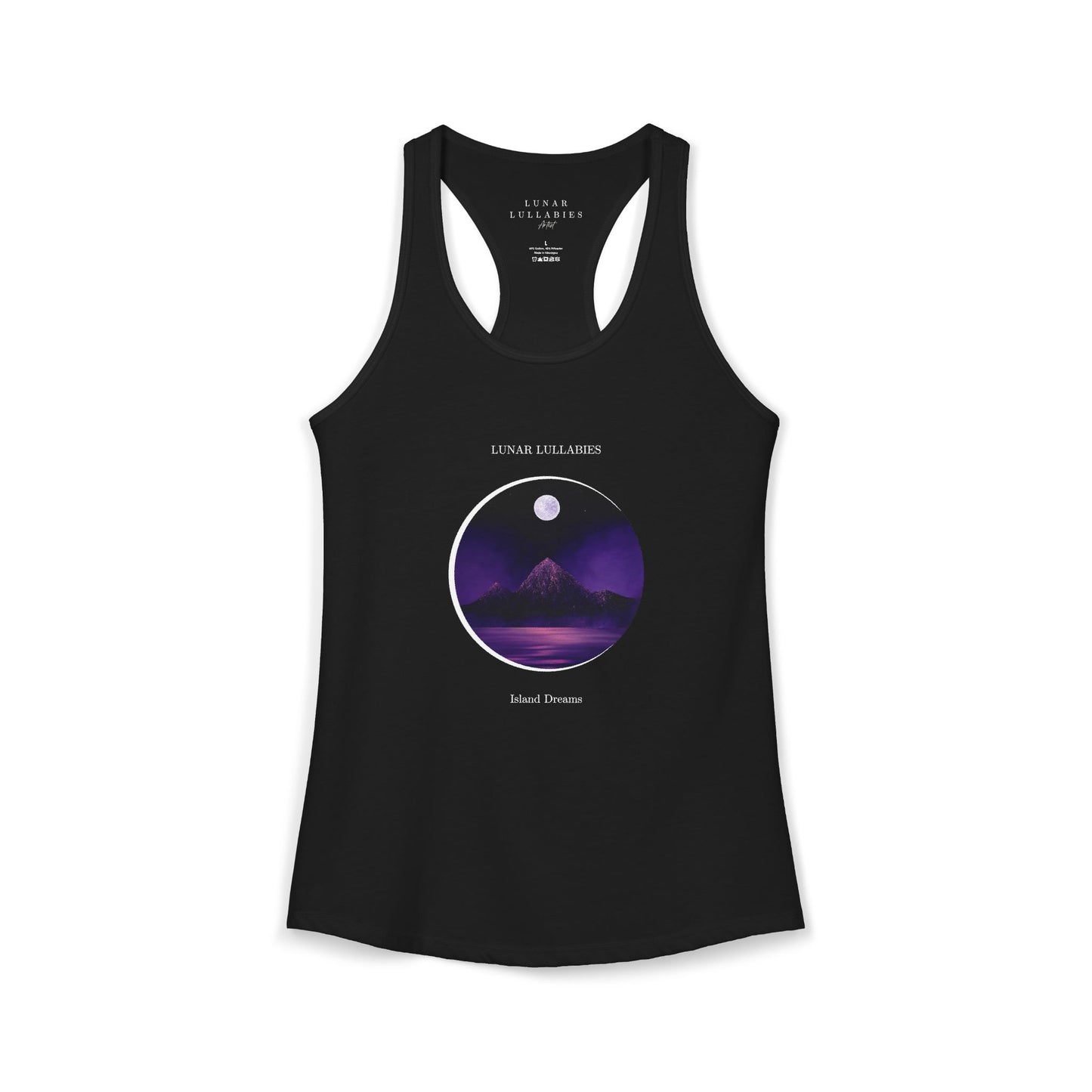 Black tank top with a purple graphic design on a white background