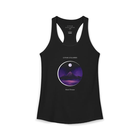 Black tank top with a purple graphic design on a white background