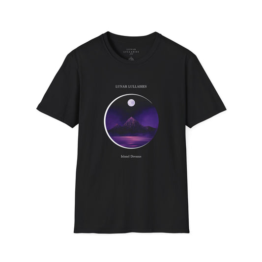 Black t-shirt with graphic design on a white background