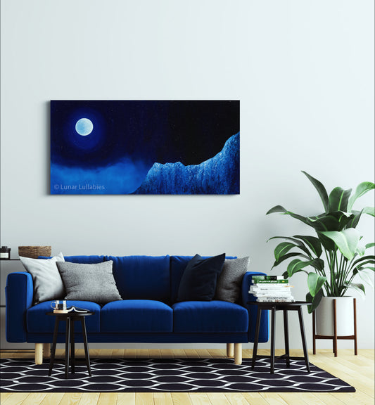 Mockup: Living room with a blue sofa, plant, and wall art of a moonlit night.