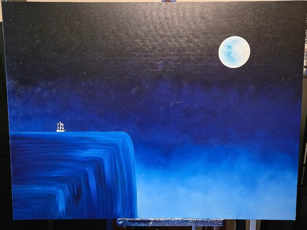 Master Of Fate Original Painting: Painting of a ship under a full moon against a dark blue night sky sailing to the edge of a waterfall