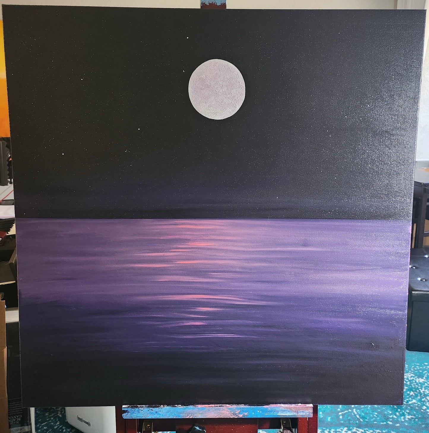 Moonlight Reflections Original Painting: Painting of a moon over water with a dark background