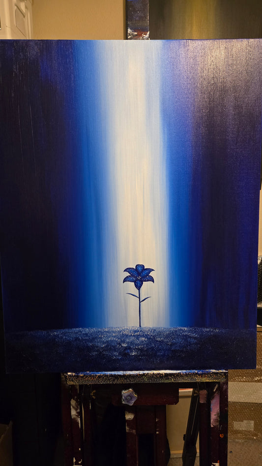 Painting on an easel of a Nightbloom flower against a blue background with a light ray of light shining down. 