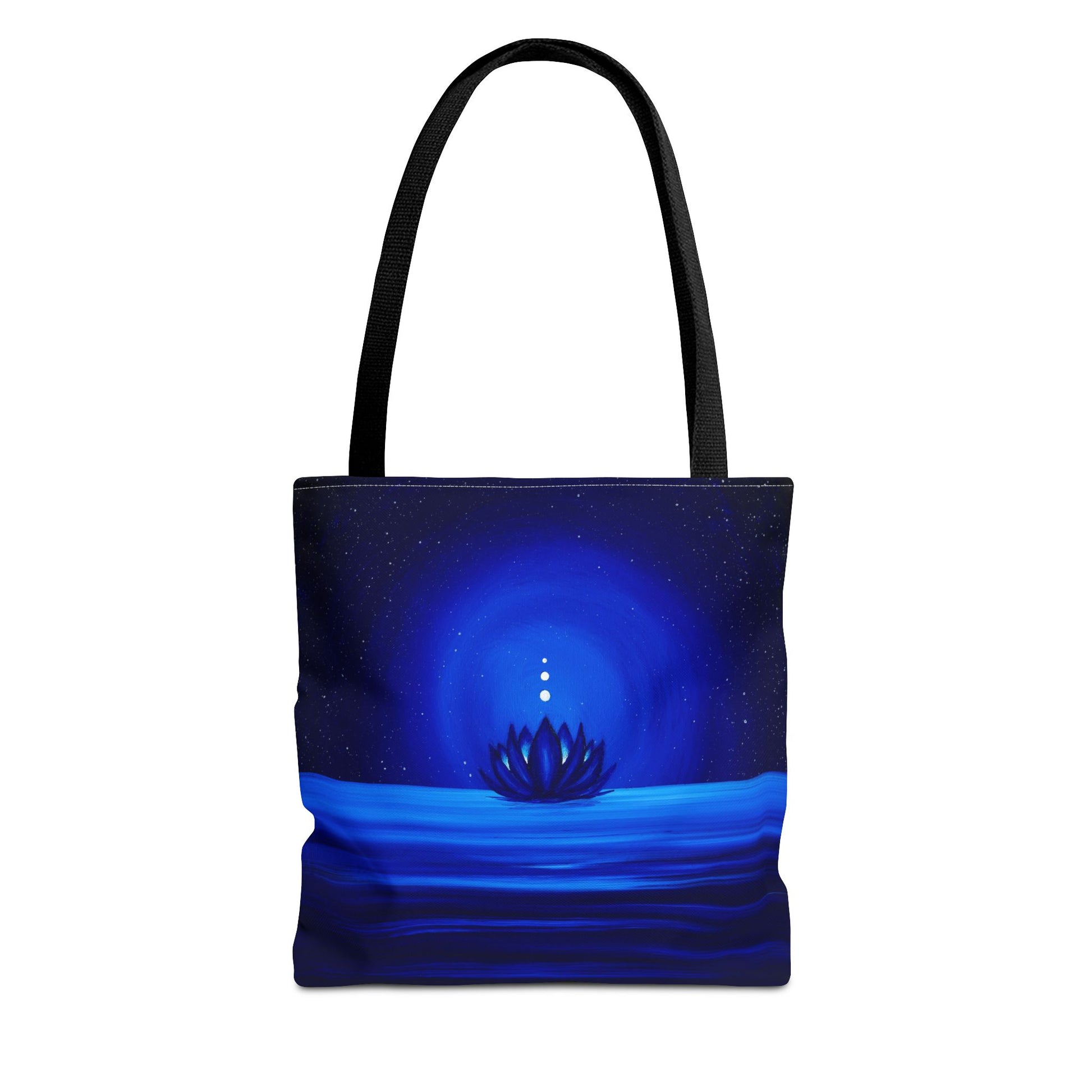 Tote bag with a blue design of a lotus flower and water on a white background