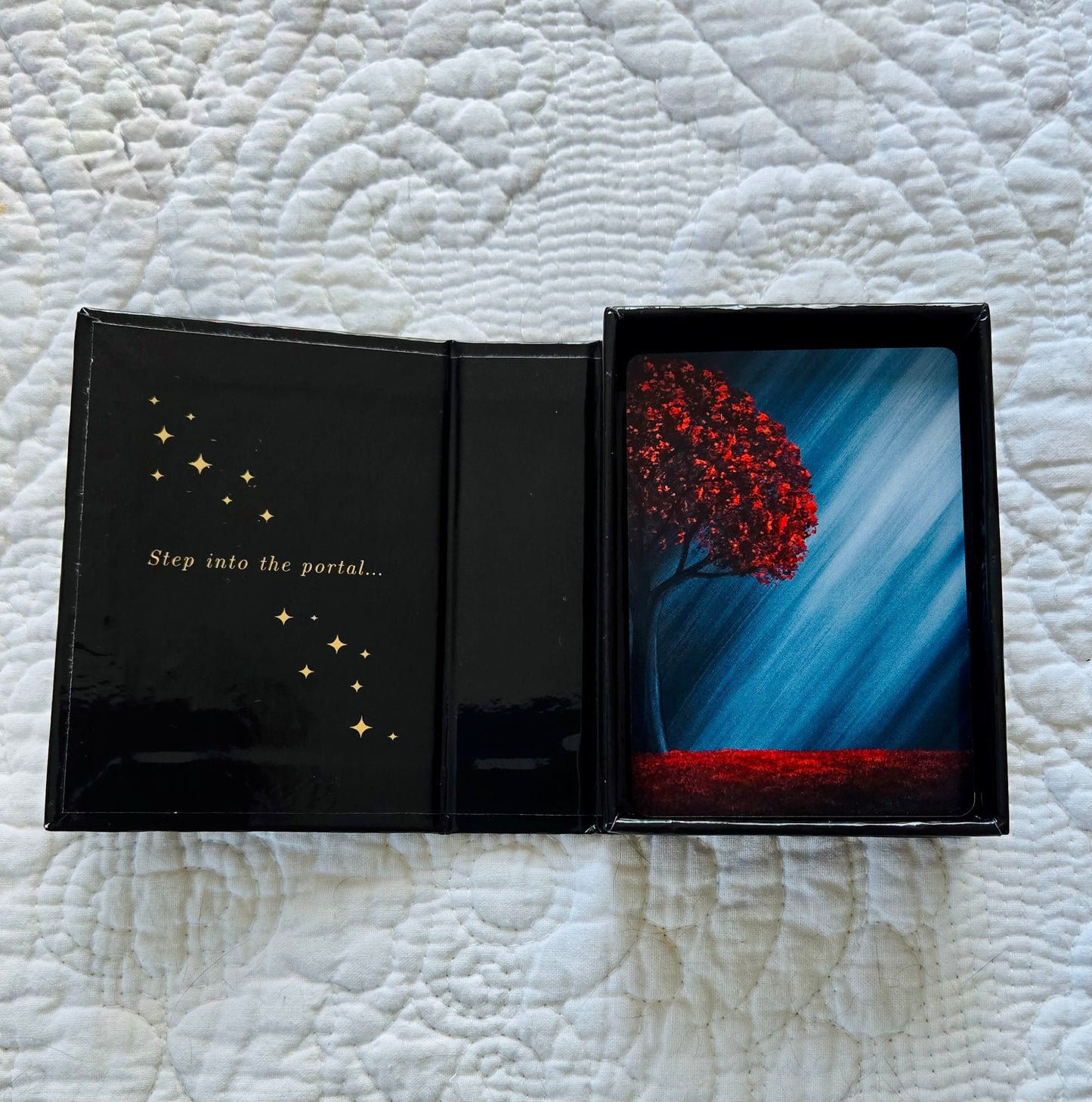 Black box with a red tree design card on a textured white surface
