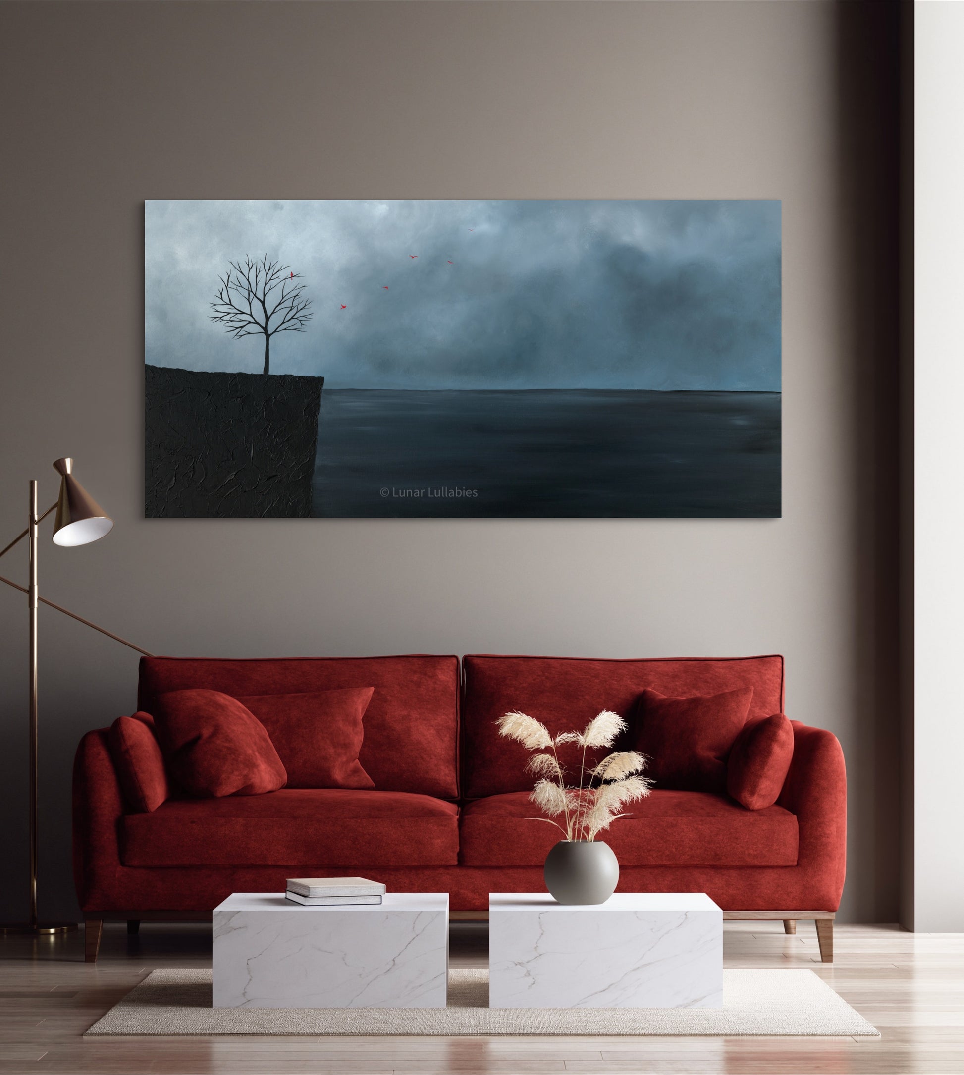 Mockup: Red sofa in a living room with a large painting on the wall.