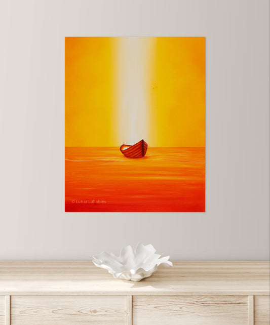Artwork with a red object on an orange and yellow background, displayed on a wall above a wooden shelf.