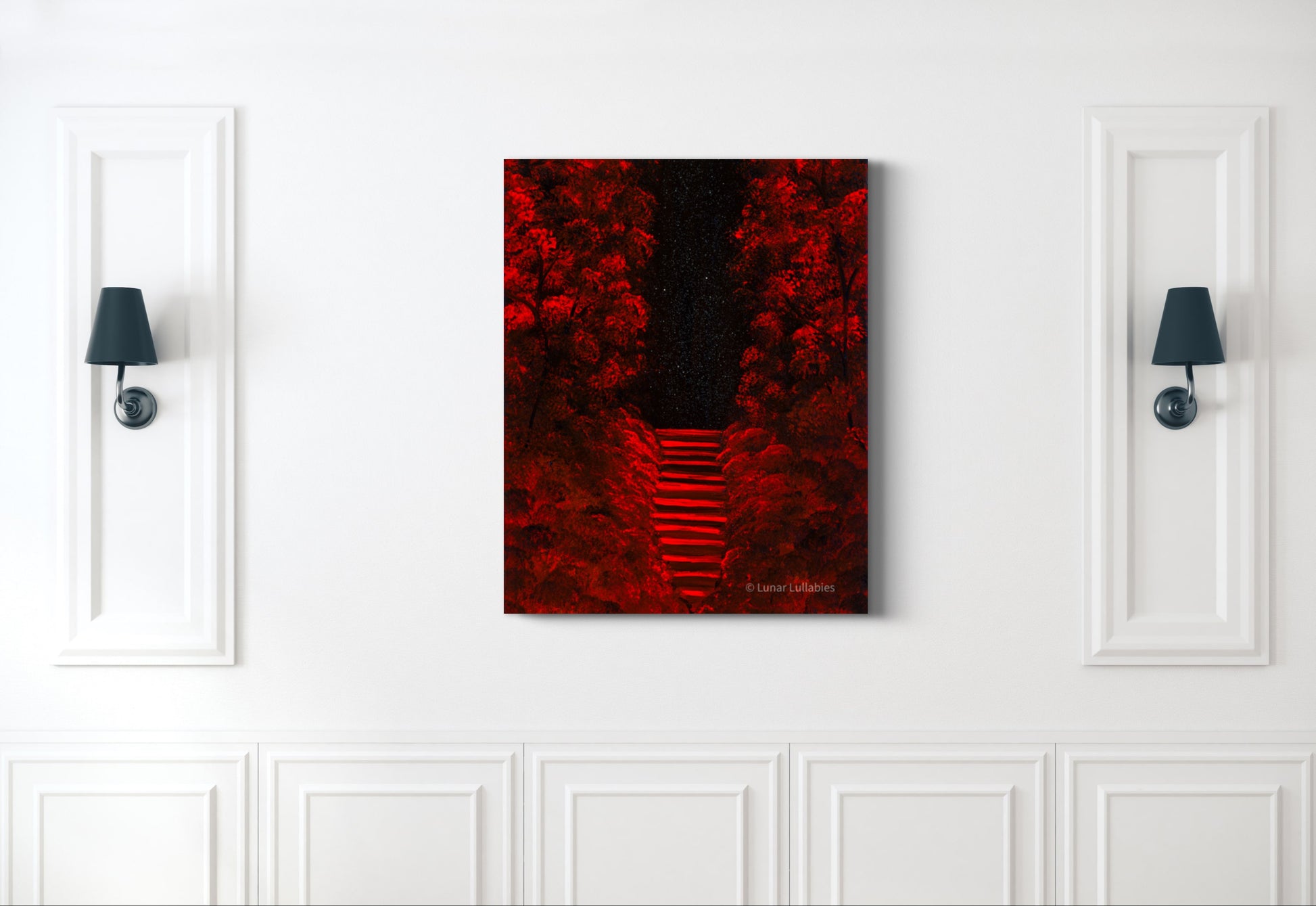 Mockup: A painting with red and black colors on a white wall.