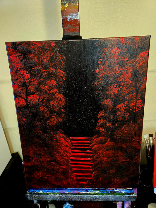 Painting on an easel of a red forest and red stars rising up through it