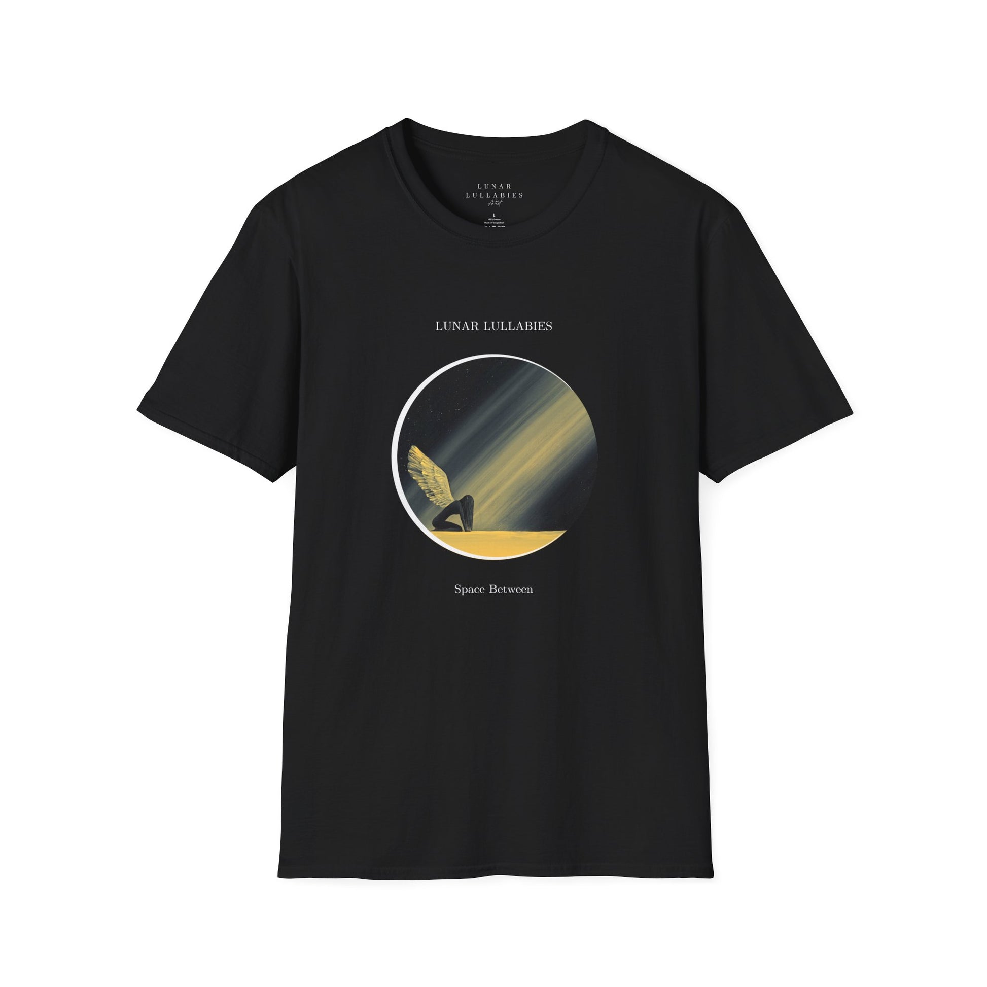 Black t-shirt with a graphic design of a person on a gold landscape and text 'Lunar Lullabies' on a white background.