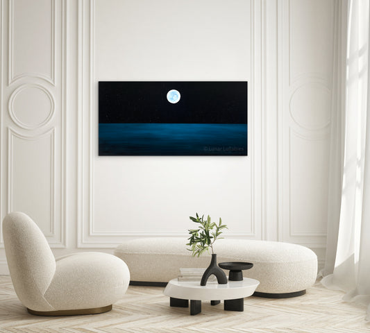 Mockup: Modern living room with a large painting displaying a night scene above a white sofa, and decorative items.
