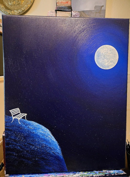 Painting of a bench on a moonlit night with a large moon in the sky.
