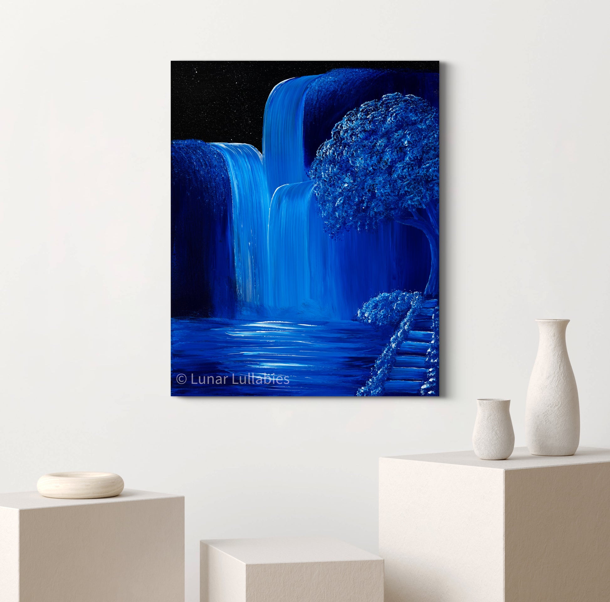 Mockup: Artwork of a blue waterfall on a white wall with decorative vases below.