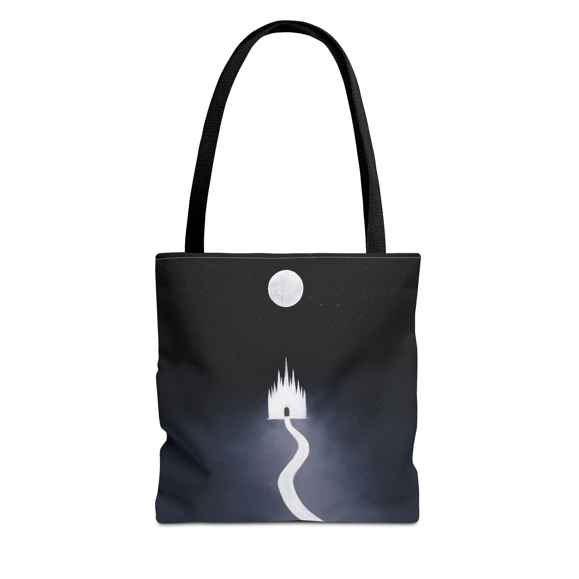 Tote bag with a black background and white silhouette of a castle and moon.