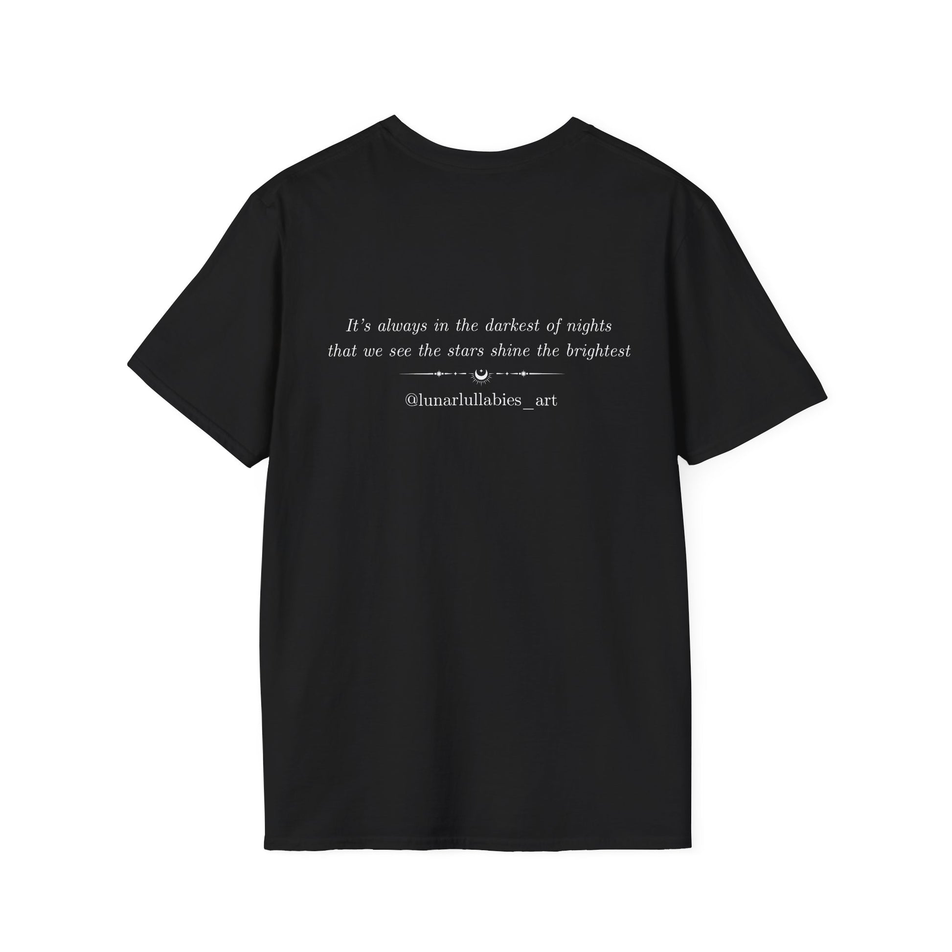 Black t-shirt with quote text on a white background