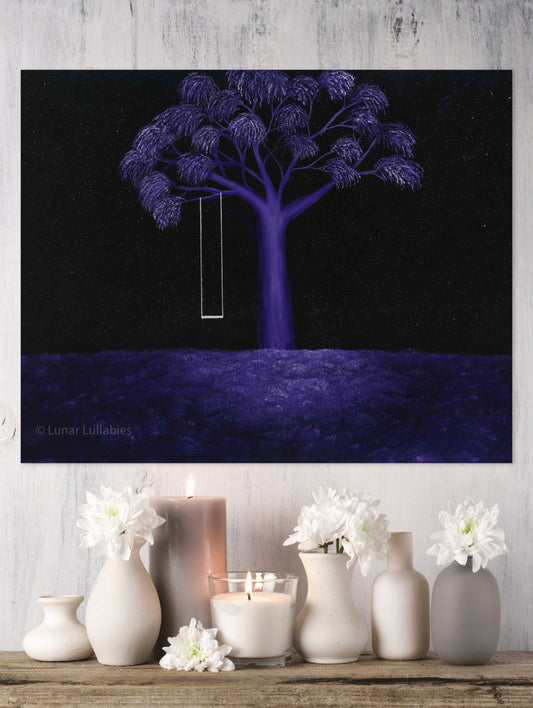 Artistic depiction of a purple tree against a black background, displayed above a table with decorative items.