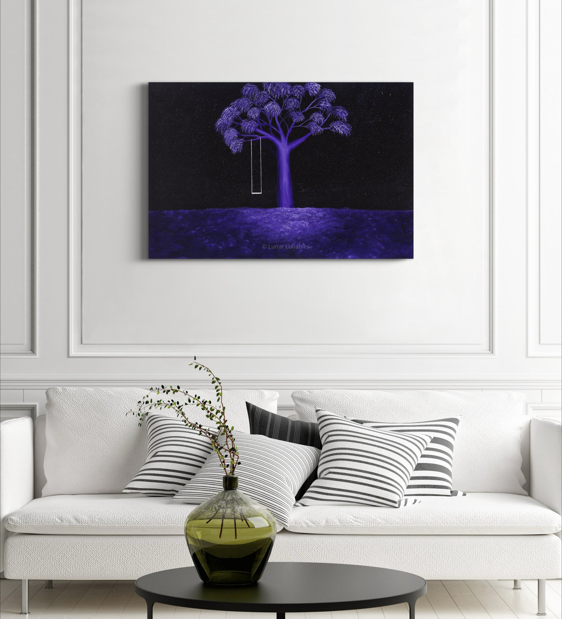 Mockup: Purple painting on a wall above a white sofa with decorative pillows.