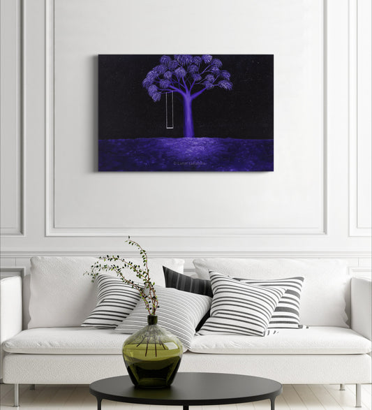 Purple painting on a wall above a white sofa with decorative pillows.